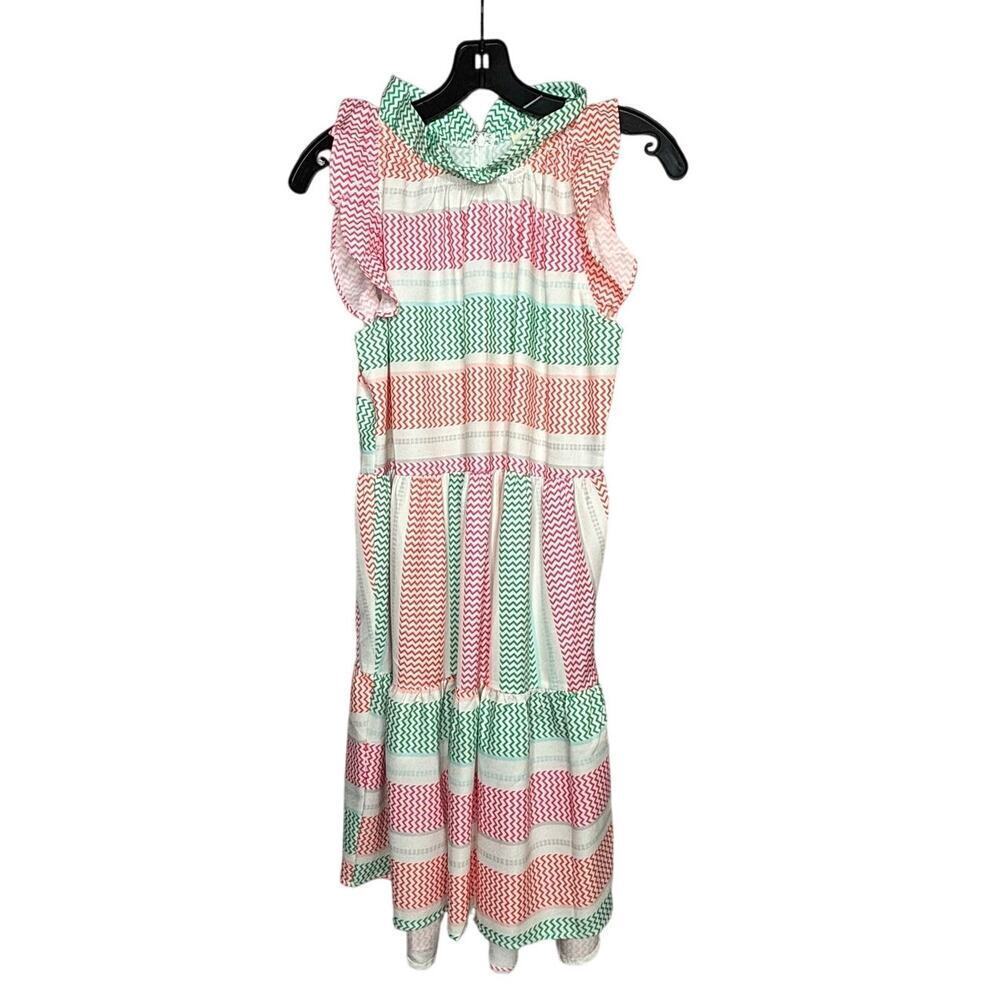 Mazik High Neckline Ruffle Tiered Frock Striped Fun Preppy Colorful Dress Small